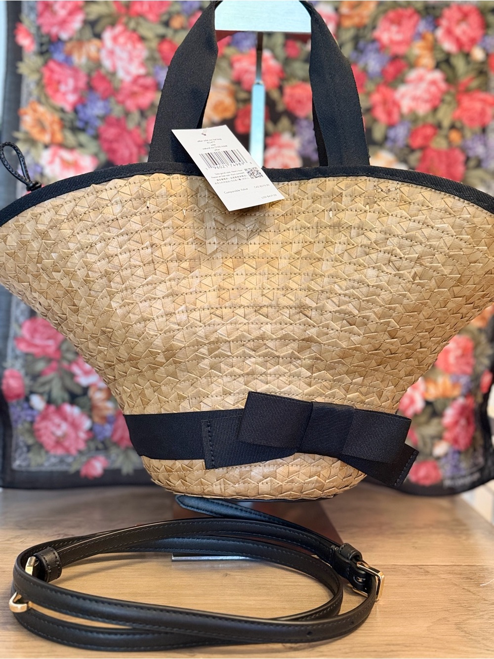 kate spade Natural Straw Hat Crossbody Bag with Black Trim & Bow